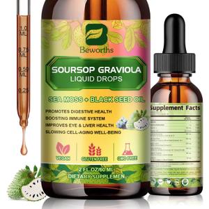 Soursop Bitters Liquid Drops with Irish Sea Moss, Black Seed Oil, Soursop Graviola Leaves Extract - Multivitamin Complex Supports Antioxidant, Slowing Cell-Aging, Gut Cleanse, Detox & Immunity Health
