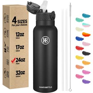 Han's Bottle Sports Water Bottle - 24 Oz, Straw Lid, Leak Proof, Vacuum Insulated Stainless Steel, Double Walled, Thermo Mug,Black