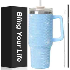 40oz Bling Tumbler with Handle and 2 Straw, Bling Cup for Large Water Capacity, Glitter Travel Mug with Lid Rhinestone Water Bottle, Diamond Vacuum Insulated Stainless Steel Tumbler for Girls (Blue)