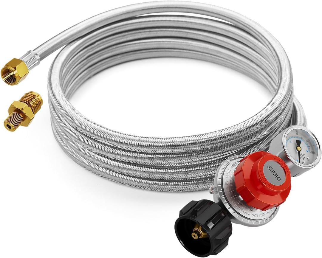 15FT High Pressure Propane Regulator Hose with Gauge, 0~30PSI Adjustable Propane Tank Regulator, Stainless Steel, Fit for Turkey FryerFish FryerPropane BurnerFire Pit, Forge, and More