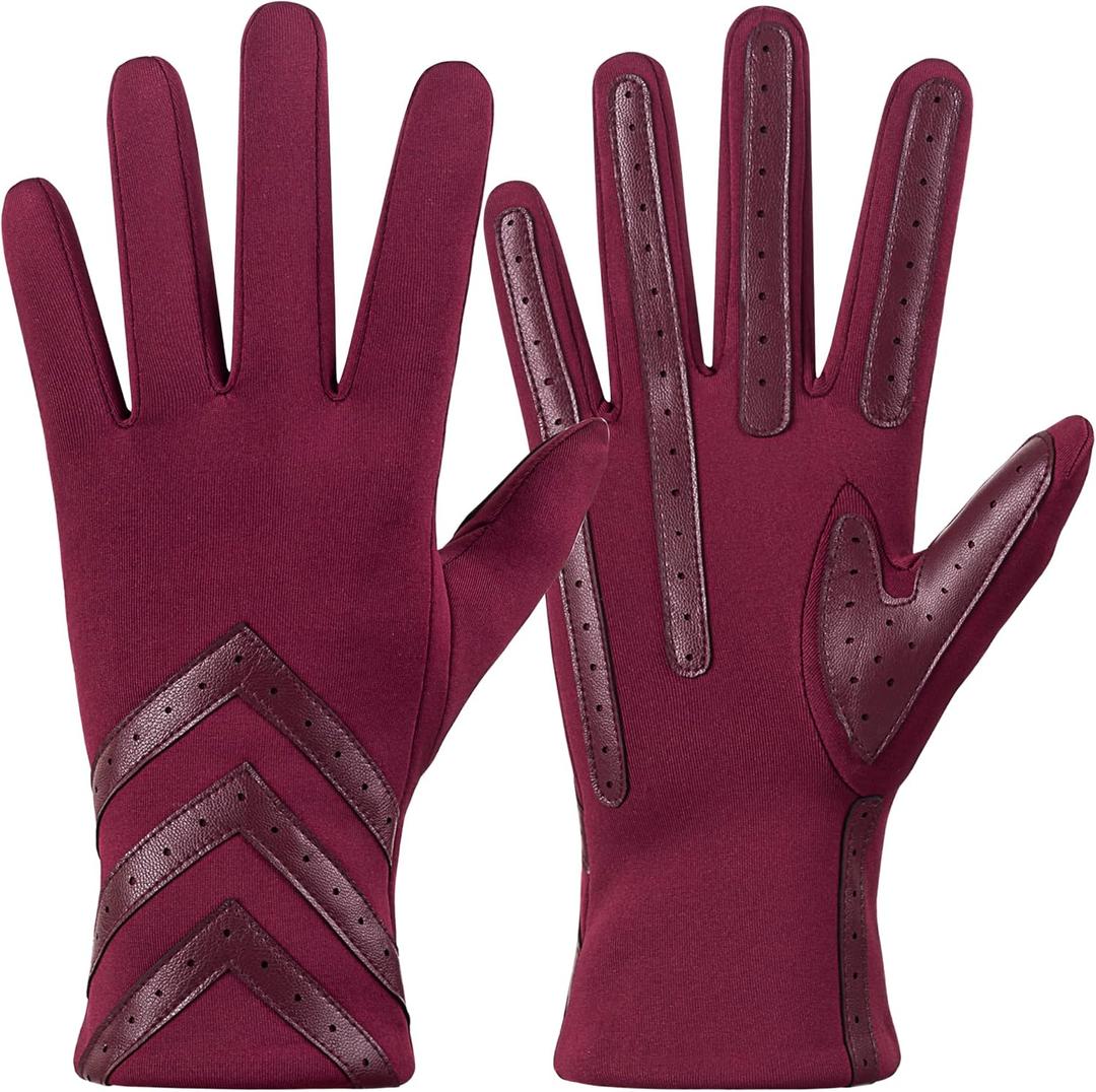 Winter Gloves for Women Touchscreen, Womens Gloves Chevron Spandex Fleece Lined, Gloves for Women Leather Anti-Slip (Large, Burgundy)