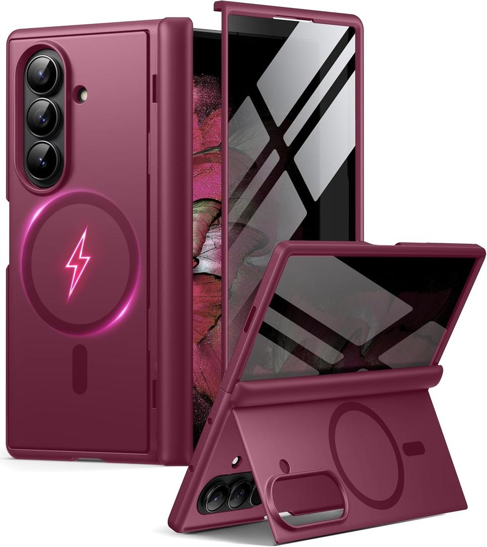 BERFY for Samsung Galaxy Z Fold 7 Case with Privacy Screen Protector, [Compatible with MagSafe][Anti Spy] Built-in Hidden Kickstand, Full-Body Shockproof Slim Phone Case for Z Fold 7, Red