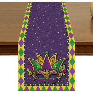 Mardi Gras Carnival Table Runner 13x72 Inch Kitchen Dining Seasonal Holiday New Orleans Table Decor for Indoor Outdoor Farmhouse Home Party Decoration ZQ161