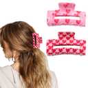 2 Pcs Valentine's Day Hair Claw Clips, Large Square Claw Clip for Thick and Thin Hair, Valentine's Day Hair Clips, Pink Red Love Heart Hair Claw, Romantick Valentines Hair Accessories for Women Girls