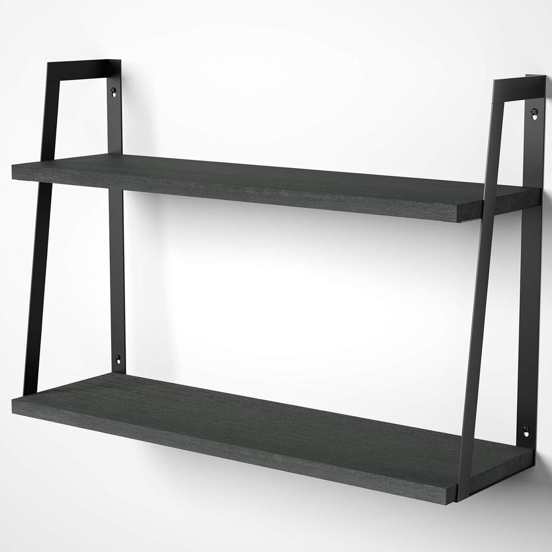 SRIWATANA Black 2-Tier Floating Wall Shelves, Rustic Wood Storage Shelf Set