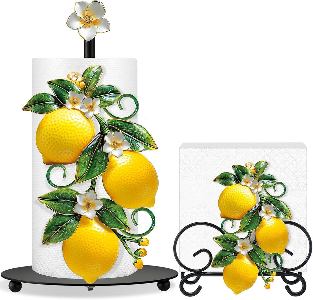 Shellwei 2 Pcs Lemon Paper Towel Holder with Round Base Lemon Bathroom Kitchen Decor Summer Yellow Rustic Napkin Holder Set for Tables Home Bathroom Kitchen Countertop Accessories Party Favor Gifts