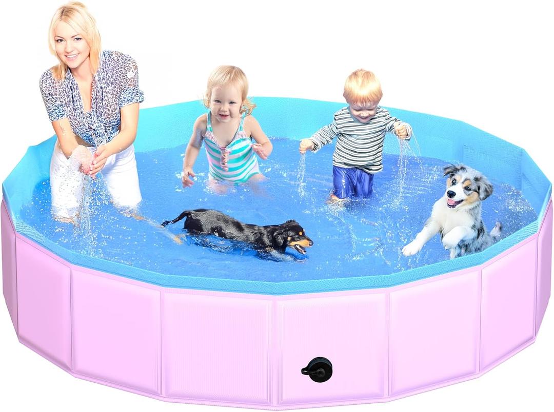CACSPS Foldable Dog Pool, 87" x 12" Kiddie Pool with Hard Plastic, Non-Slip Dog Bath Tub for Outdoor Backyard, Collapsible Dog Swimming Pool for Kids Dogs Pets (Pink)