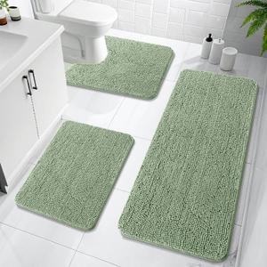 OLANLY Bathroom Rugs Sets 3 Piece, Soft Absorbent Chenille Bath Mats and U-Shaped Contour Toilet Rug, Quick Dry, Home Decor Accessories, Bath Mat Set for Bathroom (47"x20"+24"x16"+24"x20", Sage Green)