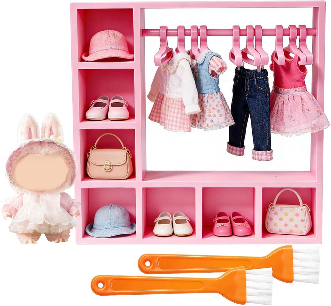 Doll Clothes Wardrobe with 10 Hangers, Upgraded Closet Organizer for 7-Inch Plush & Vinyl Dolls, Mini Doll Furniture for Outfit Display & Storage, Gift for Doll Collectors (Pink)