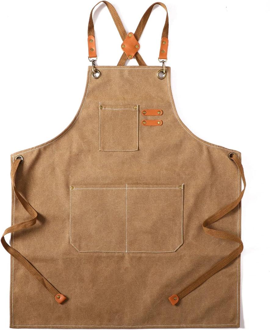 Tosewever Canvas Cross Back Chef Cotton Aprons for Men Women with Large Pockets (Cappuccino Brown)