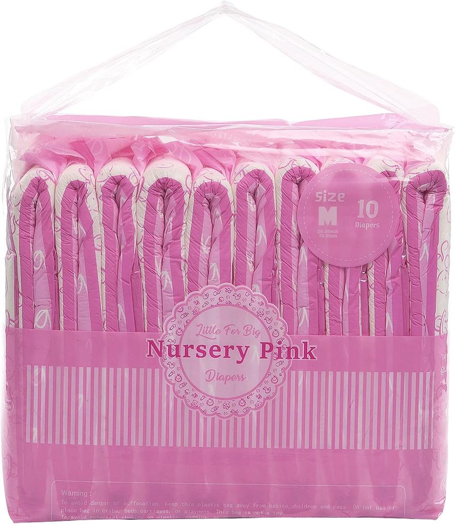 Littleforbig Adult Printed Diaper 10 Pieces - Nursery Pink (Medium 28"-38")