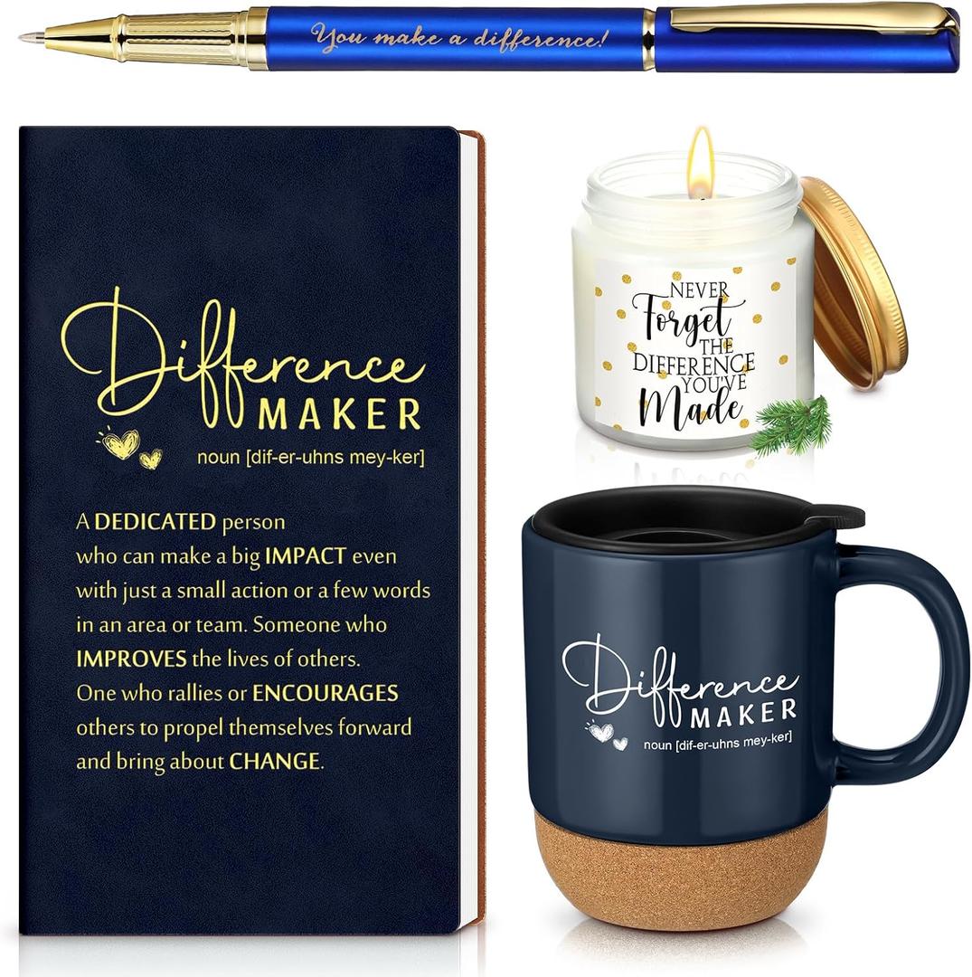 Vesici 4 Pcs Difference Maker Gift for Women Men Difference Maker Mug Notebook Candle Motivational Pen Employee Appreciation Gift for Teacher Mother Father Nurse Coworker Secretary (Navy Blue,Word)