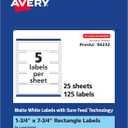 Avery Matte White Rectangle Labels, Sure Feed Technology, 1.75" x 7.75", 125 Matte White Printable Labels