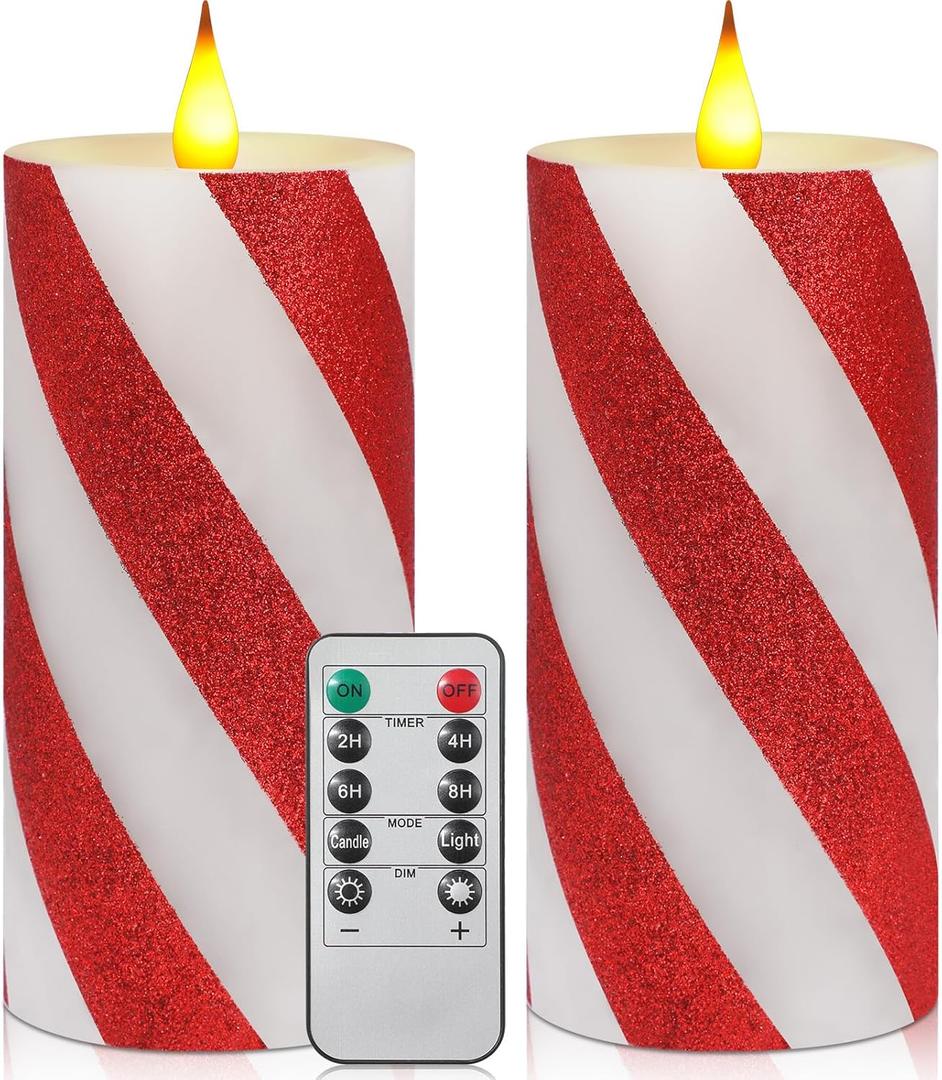 Retisee 2 Pcs Candy Cane Flameless Candles Striped Flickering LED Real Wax with Remote Timer Battery Operated Fake Candle Wide Glitter Stripe Pillars for Party Decor(3" X 6",Red)
