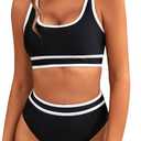 BMJL Women's High Waisted Bikini Sets Sporty Two Piece Swimsuits Color Block Cheeky High Cut Bathing Suits (Black011, Small)