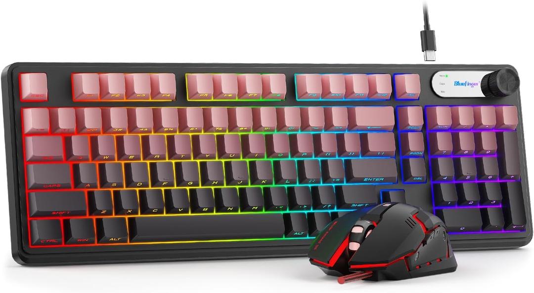 BlueFinger RGB Gaming Keyboard and Mouse Combo, 98 Key Wired USB-C Keyboard with Volume Knob, Quiet Mechanical Feel, Side Printed PBT Keycaps, LED Mouse with 4 DPI for MAC Xbox PC Gamer