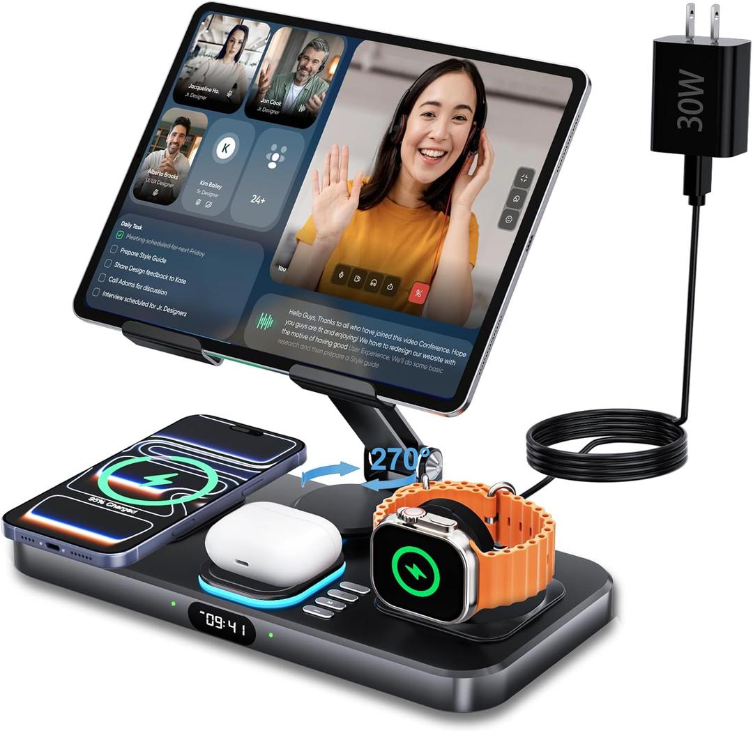 30W Foldable Charging Station for Multiple Devices, iPad Charging Station with Clock Display & Night Light for iPhone 17 Pro Max/16/15/iWatch 11/Air-pods 3/iPad 2025/Tablet Stand Holder
