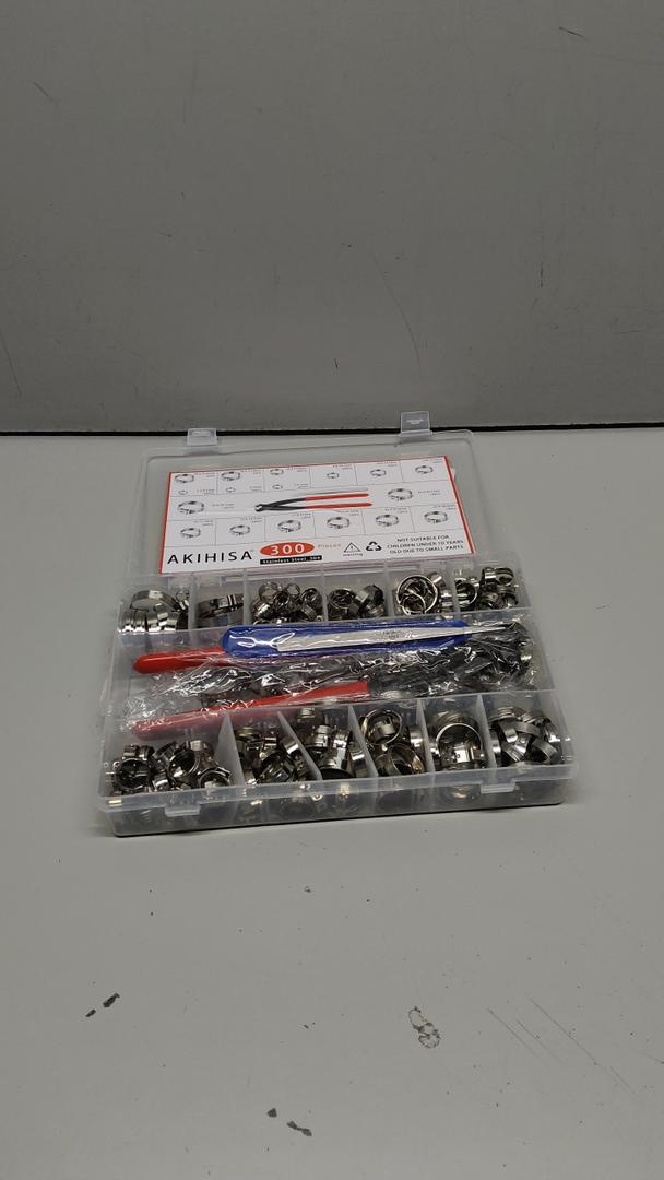 AKIHISA Single Ear Hose Clamps, 12 Sizes 5.3-33.1mm Crimp Hose Clamps with Ear Clamps Pincer, 304 Stainless Steel Crimp Pinch Fitting Tools Kit