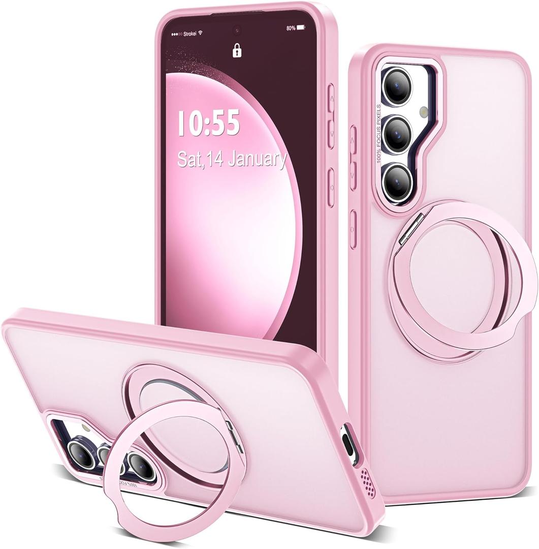 for Samsung Galaxy S23 FE Case with 360 Rotatable Magnetic Ring Stand Compatible with Mag-Safe Military Protection Shockproof Matte Translucent Phone Cases for S23 FE,Pink