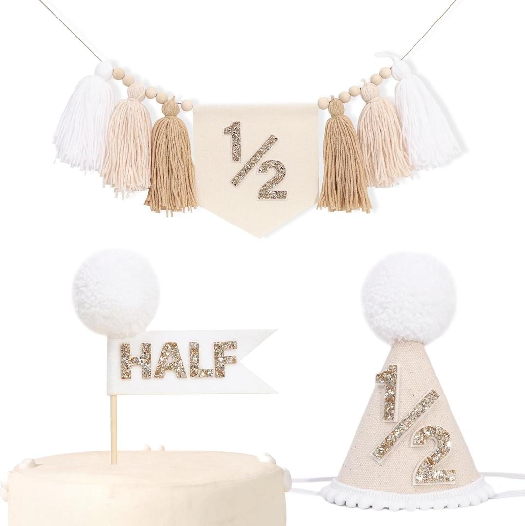 1/2 Birthday Party Decoration Set - Beige White Tassel High Chair Banner,Half Way to One Cake Topper,Glitter 1/2 Birthday Hat,Banner Cake Topper Hat 6 Months Party Supplies
