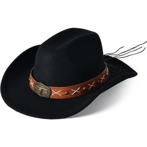 Wide Brim Cowgirl Hat Men Large Wide Brim Cowboy Hats for Women with Buckle Belt Classic Cowboy Outfits (Black, M)