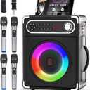 Karaoke Machine with 4 Wireless Microphones, Portable Bluetooth 5.1 Speaker for Adults Kids with LED Lights, Bass/Treble Adjustment, PA System with Remote Control, Supports FM/AUX/USB/TF for Party (4 Mics-Large)