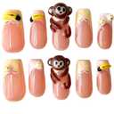 Handmade Press On Nails Cute Monkey 3D Cartoon Banana Lace Trim Medium/Short Square Acrylic False Nails Kawaii Polka Dot (M)