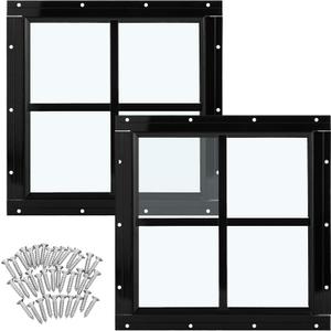 Tandefio 2 Pack 12'' x 12'' Black Flush Mount Shed Window with Tempered Glass Household Windows with Screws for Chicken Coop Sheds Barns Playhouse