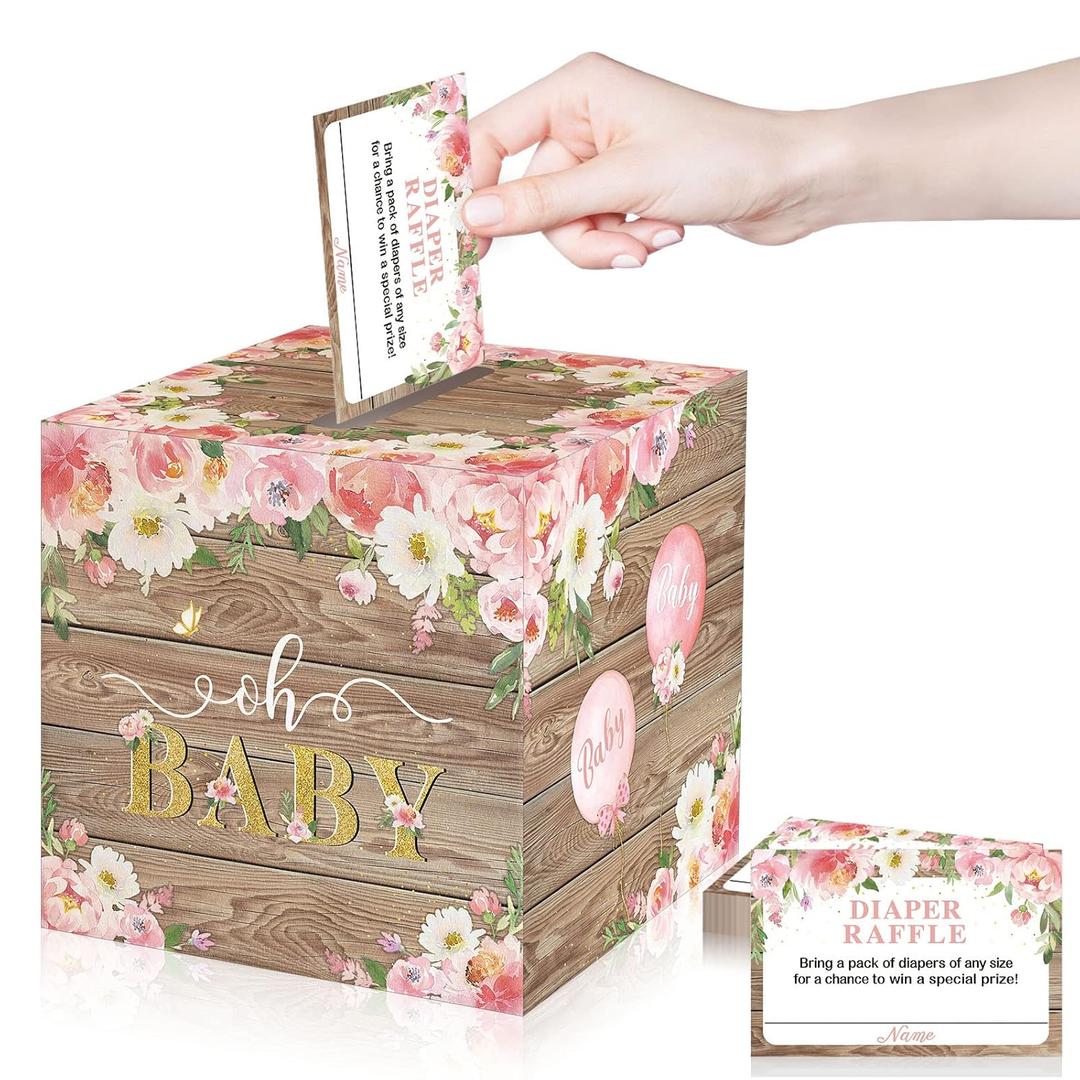 Pajean 50 Pcs Floral Diaper Raffle Tickets and Box Set, Watercolor Flowers, Advice and Wishes for The Parents-to-be, Prop for Diaper Raffle Party Baby Shower Decor New Parents Winner Gifts(Burlywood)