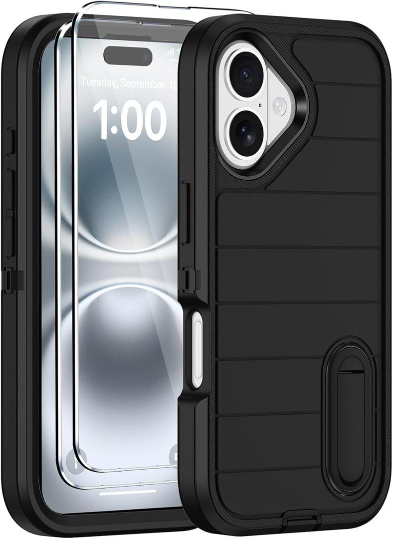 for iPhone 16 Case with Screen Protector, Heavy Duty Shockproof Drop Protection Military Grade Tri-Layer Full Covered Rugged Durable Cell Phone Cover with Built-in Invisible Kickstand 6.1" (Black)