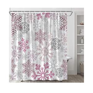 Christmas Shower Curtain Winter Snowflakes Wonderland Pink and Silver Snowflake on White Cute Snowfall Happy New Year Xmas Holiday Modern Polyester Fabric Bathroom Curtain with Hook