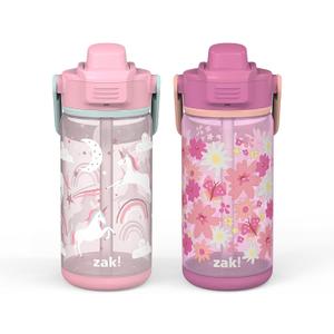 Zak Designs Unicorn Kid Water Bottle 2-Pack Set for Travel or At Home, 16oz Plastic is Durable and Leak-Proof with Silicone Spout, Cover, Carry Handle, Protective Base (Fanciful Unicorn, Flower Power)