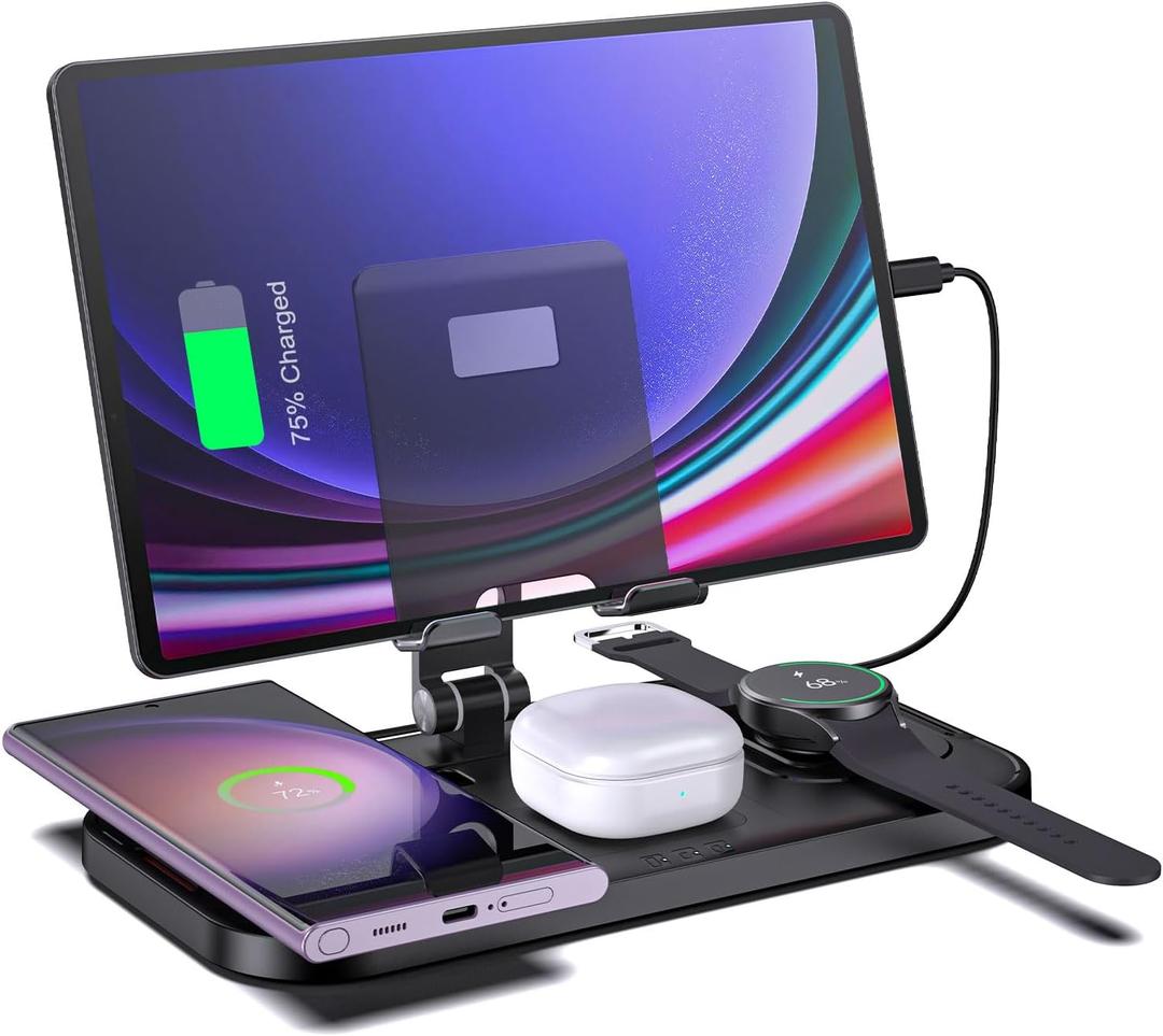 Wireless Charger for Samsung, 4 in 1 Charging Station for Samsung, Foldable Charging Stand for Galaxy S25 Ultra/S24/S23/S22/Note 20/Fold6/Flip6/Galaxy Watch 7/6/5Pro/4/3/Galaxy Buds/Android/Tablet