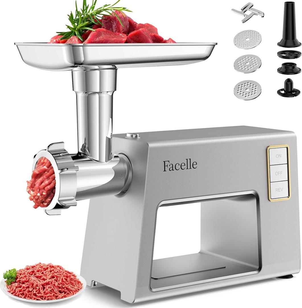 Facelle Electric Meat Grinder for Home Use, Mincer Machine with Stainless Steel Blades & 3 Grinding Plates,Sausage Stuffer & Kubbe Kit, Food Grinder for Burgers, Kibbeh, Beef Sticks, Chicken Patties