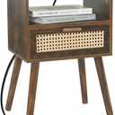 MaxSmeo Small Nightstand with Charging Station, Rattan Side Table Mid Century Modern Bedside Table for Bedroom, Living Room and Small Spaces, Solid Wood Legs (Rustic Brown)
