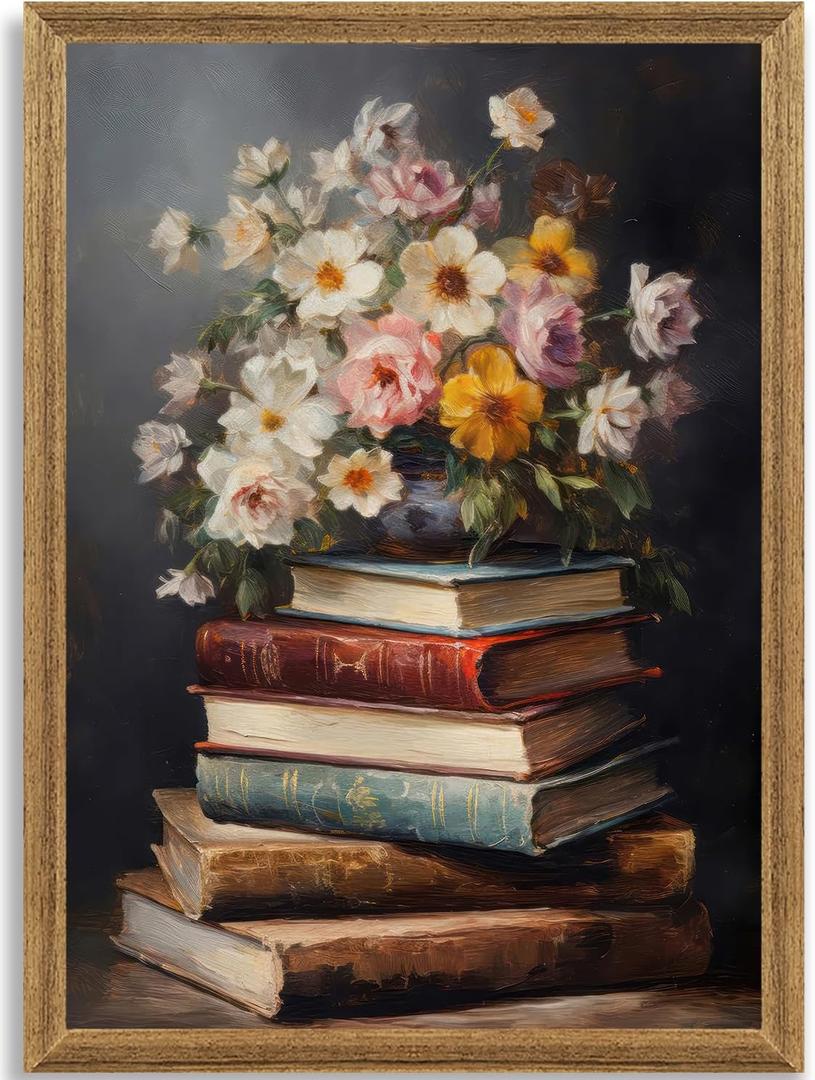 Krtoni Framed Farmhouse Vintage Canvas Wall Art, Country Spring Wildflowers Artwork Wall Decor, Dark Academia Flower Books Theme Poster Print for Living Room Bedroom Bathroom Study 24''L x 16''W