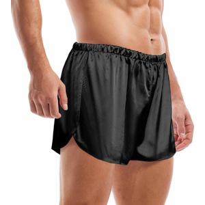 Mens Satin Boxers 3 Inch Inseam Silk Shorts Sexy Underwear Pajama Bottoms Large Split Sides (Black), L