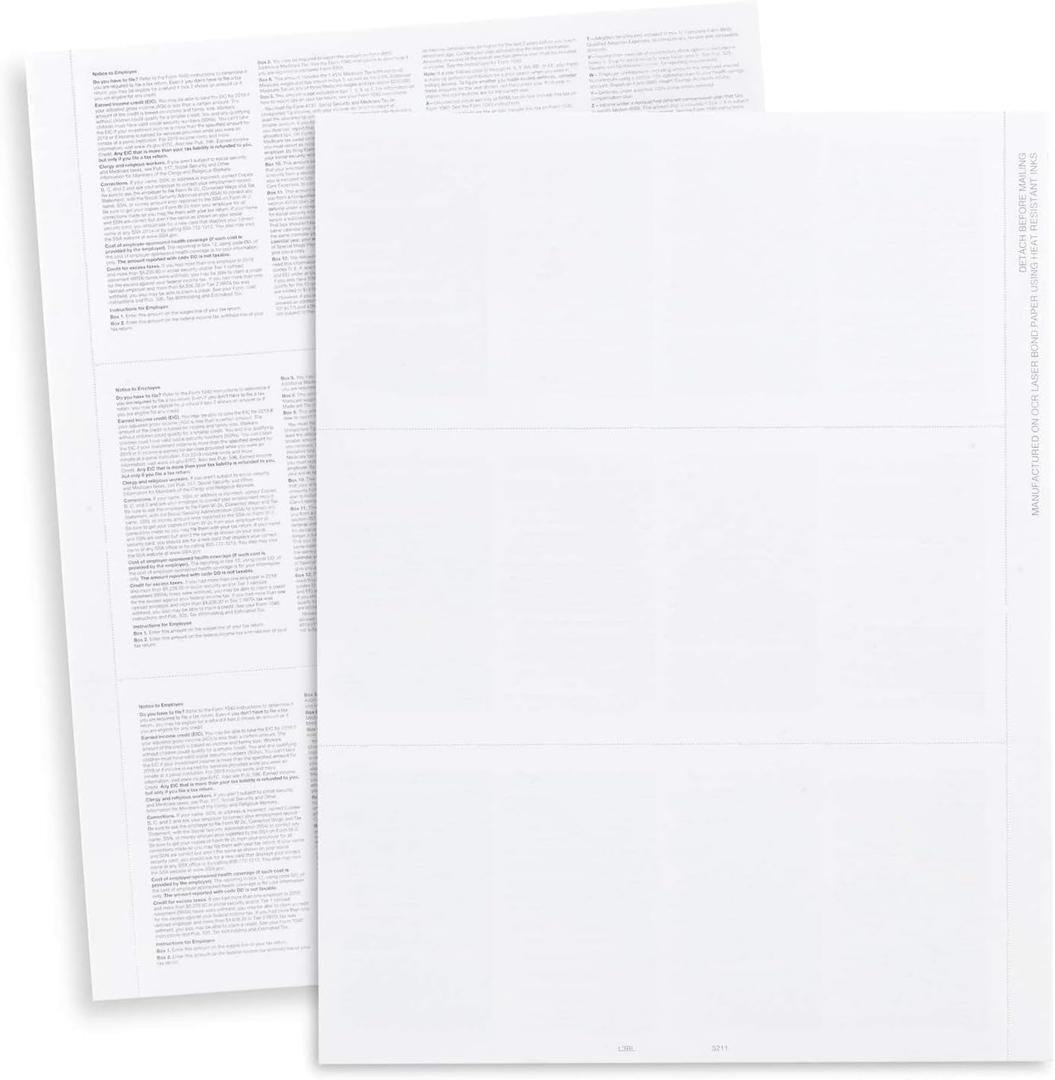 W2 Forms Blank 3 Up Tax Forms 2025, W2 Perforated Paper With Back Instructions For 50 Employees,Works with Laser or Inkjet Printers | Great for QuickBooks and Accounting Software