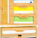 KOCWELL Bamboo Bag Storage Organizer - 2 Wrap Dispenser with Cutter & 4 Slots Food Storage Bags Container - Kitchen Drawer Plastic Bags Storage Organization for Gallon Quart Sandwich Snack Bags