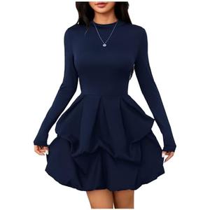 MakeMeChic Women's Long Sleeve Mock Neck Mini Dress Ruffle Hem A Line Short Dresses M