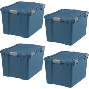 IRIS USA WeatherPro 74 Qt Eco-Friendly Storage Bins with Lids, 4 Pack, BPA-Free Plastic Gasket Box with Tight Latch and Seal, Stackable Nestable Tote Tub - Navy