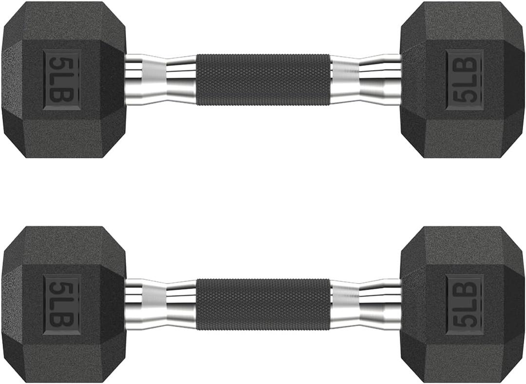 HANDBODE Hex Rubber Dumbbells, Non-Slip Handle Design for Secure & Comfortable Grip, Hand Weights for Strength Training and Home Gym/ Pair of 5 LB