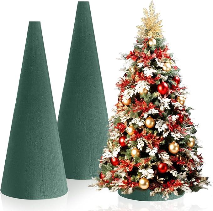 2 Pcs Floral Foam Tree Cones, Large Size 12.59 x 3.93 Inches Green Dry & Wet Flower Foam for Christmas DIY Crafts, Florist Foam for Xmas, Wedding, Birthdays, Party Decor