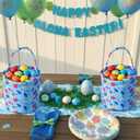 Remerry Easter Hawaiian Basket Blue Cartoon Tropical Floral Print Egg Hunt Bucket with Handle, Canvas Animation Theme Spring Treat Bag for Easter Party Supplies and Decor Eggs Gift Fillers