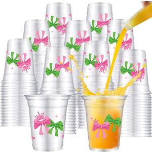 40Pcs Pink and Green Bow Crown Disposable Clear Plastic Cups Pink Bow Cups, Coquette Party Decorations for Beverage Bow Theme Birthday Party Supplies