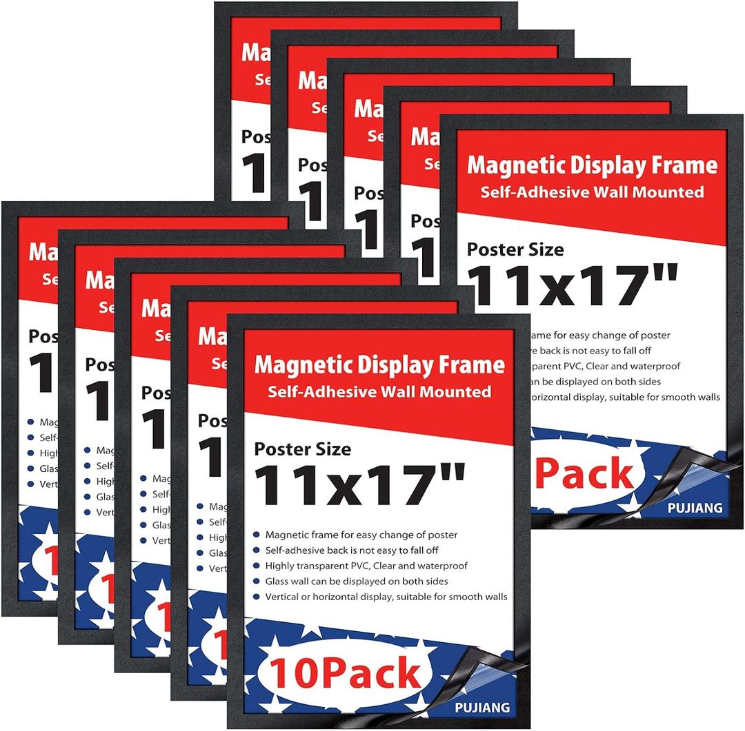 11"x 17" Self-Adhesive Magnetic Display Frame, Double Sided Window Magnetic Sign Holder with Clear PVC and Magnetic stripe Frame for Home/Office/Wall/Door/Glass/Poster Display (Black, 10Pack)