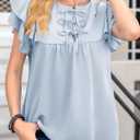 Womens Dressy Casual Shirts Summer Ruffle Short Sleeve Work Blouses Hidden Button Crewneck Cute Bow Tie Front Tops (Blue, M)