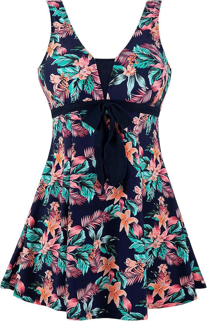 wantdo Women's Plus Size One Piece Swimsuit Tummy Control Modest Bathing Suit Flower Print Swimdress with Skirt (26-28 Plus, Azalea Floral)
