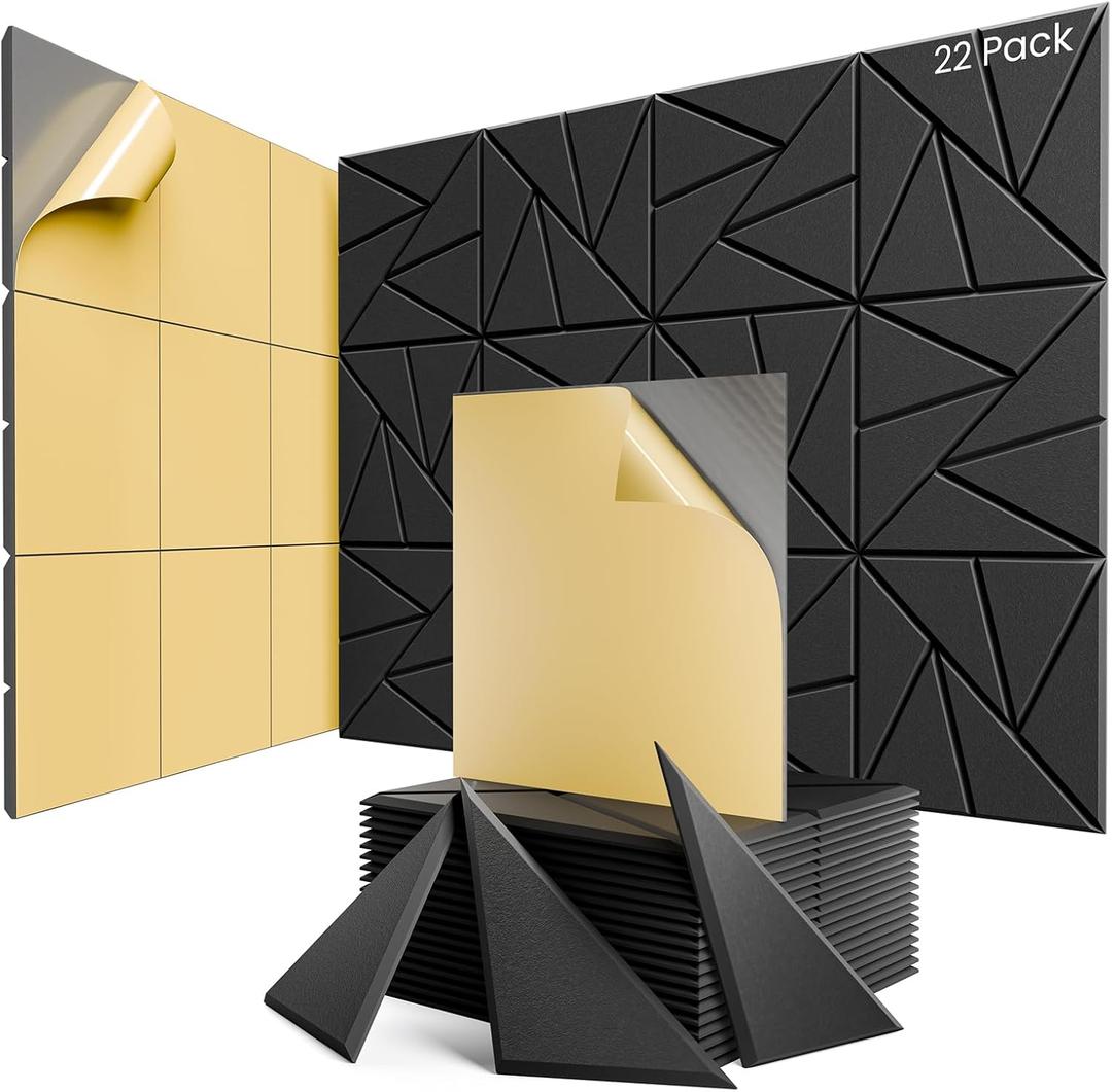 22 Pack Acoustic Panels with Self-Adhesive, 12"X 12"X 0.4"Sound Proof Foam Panels, Sound Panels High Density, Soundproof Wall Panels for Home Studio Office-Black