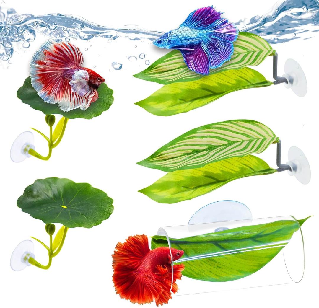 5PCS Betta Hammock & Fish Toys Set, Soft Aquarium Decor Plastic Plants that Wont Damage Fishtail, Acrylic Tube Tunnel for Betta Fish Tank Decorations, Aquarium Hideout with Spare Suction Cups